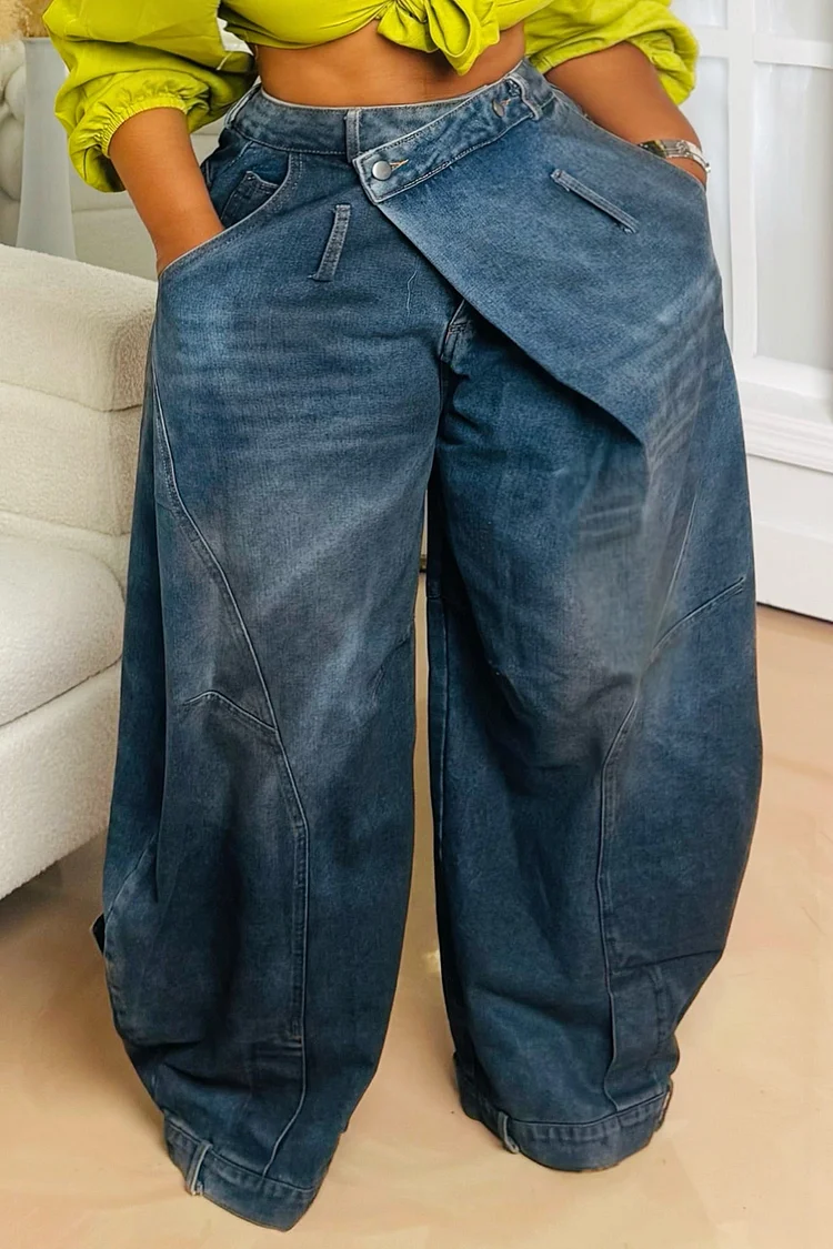 Plus Size Daily Blue Asymmetric Button Pocket Washed Denim Jeans [Pre-Order] 2024 - Xpluswear