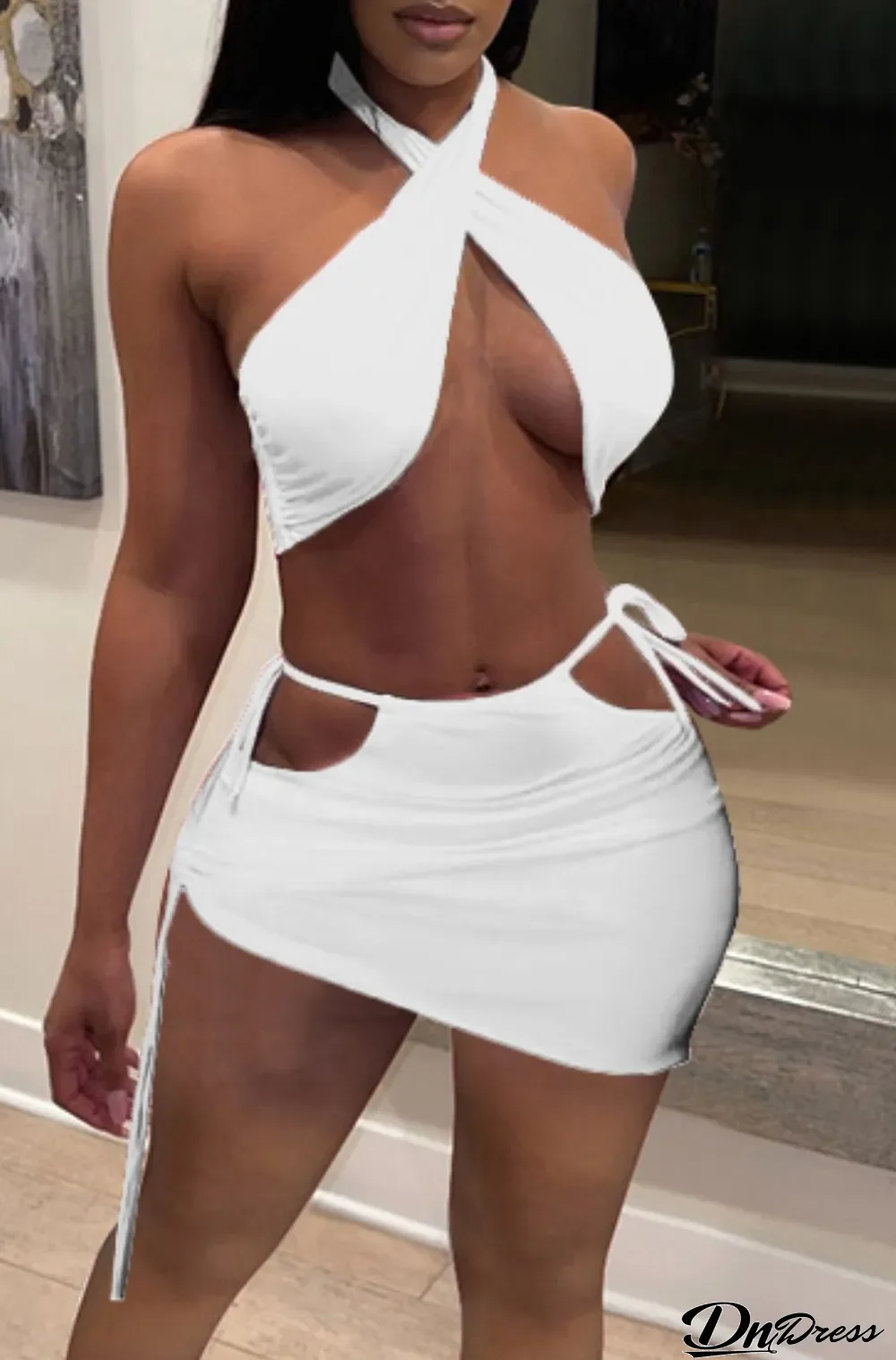 Summer White Twist Crop Top and Hollow Out Mini Skirt Matching 2PC Set