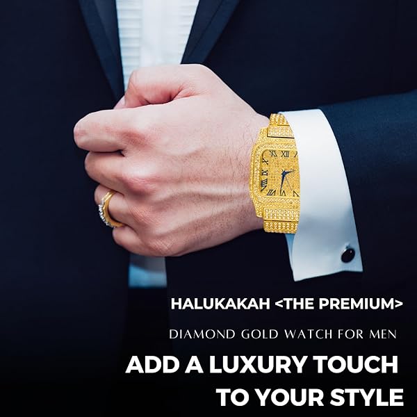 Halukakah Moissaniet-diamant gouden horloge voor mannen, 18k echt goud/platina witgoud geplateerd, Romeinse cijfers, vierkante wijzerplaat, 200 g zwaar, 3 zijden, Iced Out, 24 cm armband, inclusief
