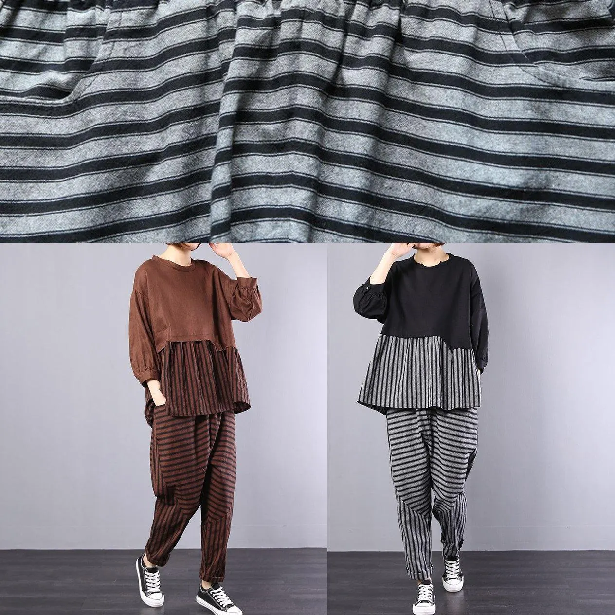 autumn khaki patchwork striped tops with elastic waist pants two pieces