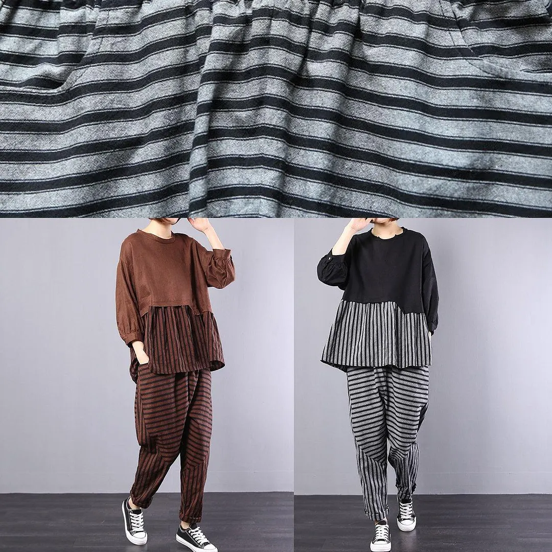 autumn khaki patchwork striped tops with elastic waist pants two pieces