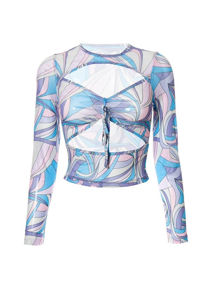 Y2K Long Sleeve Print Cut Out Crop Top-luchamp:luchamp