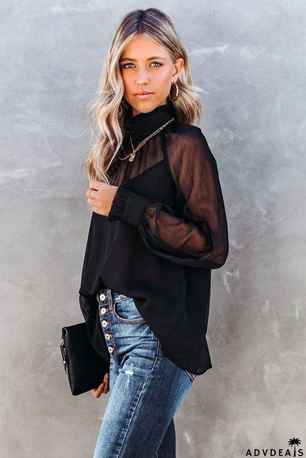 Sheer Ruffled Puff Sleeves Blouse