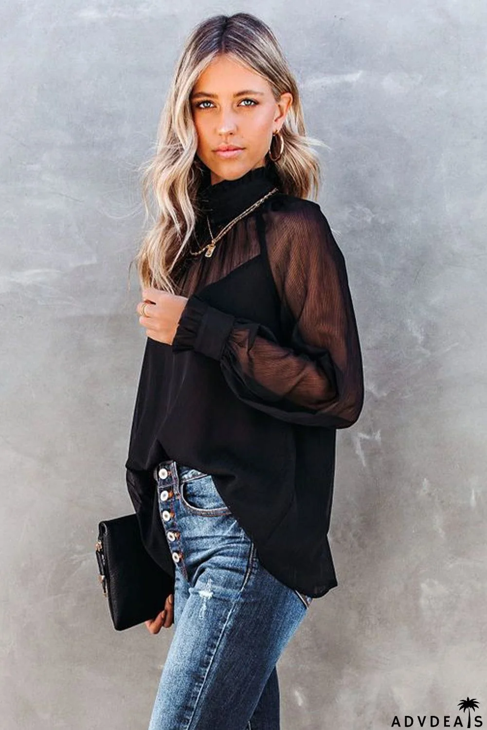 Sheer Ruffled Puff Sleeves Blouse