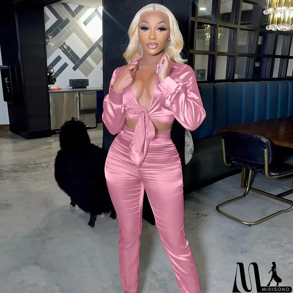 MidiSono - Sexy V-neck Lace-up Slim Two-piece Suit