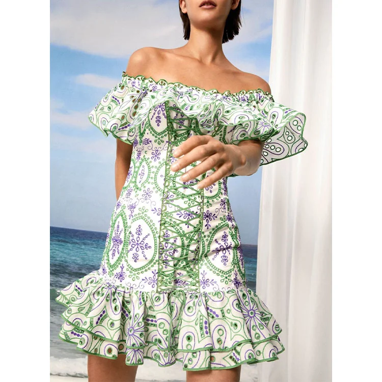 Off Shoulder Ruffle Embroidery Mini Dress