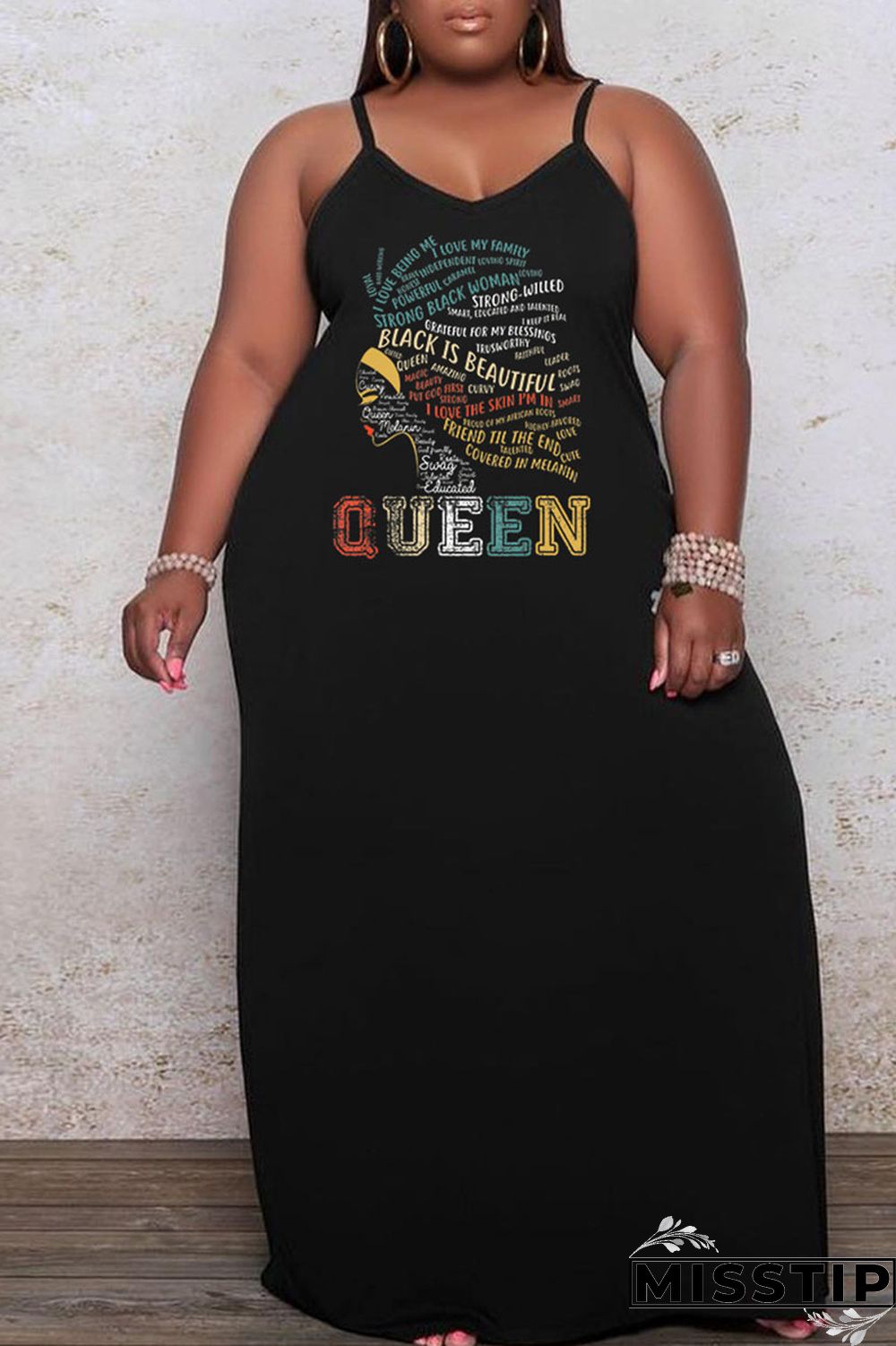 Black Casual Print Patchwork Spaghetti Strap Sling Dress Plus Size Dresses