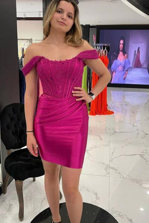 Bellasprom Fuchsia Off-The-Shoulder Short Prom Dress On Sale With Appliques Bellasprom