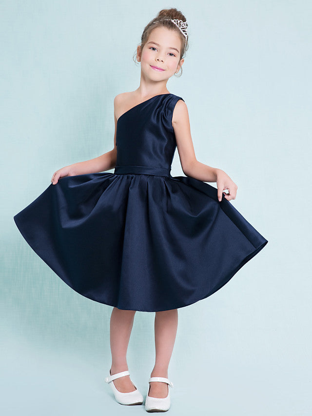 Oknass A-Line One Shoulder Knee Length Satin Junior Flower Girl Dress With Sash Ribbon Pleats  Natural