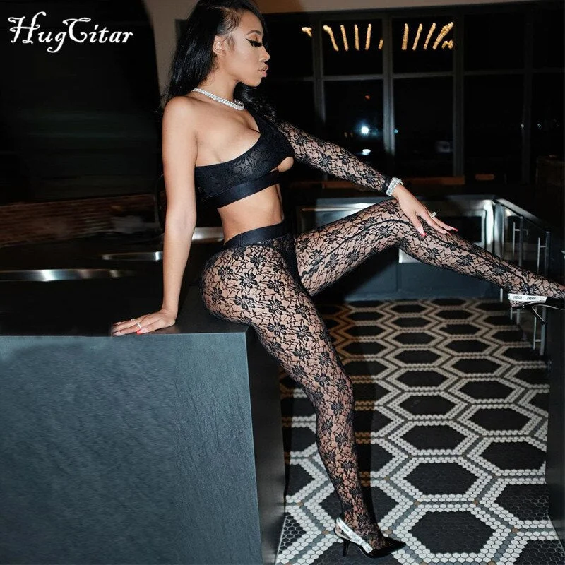 Hugcitar 2020 Long Sleeve One -Shoulder Patchwork Lace Tshirt Leggings 2 Pieces Set Autumn Winter Women Sexy Party Tracksuit