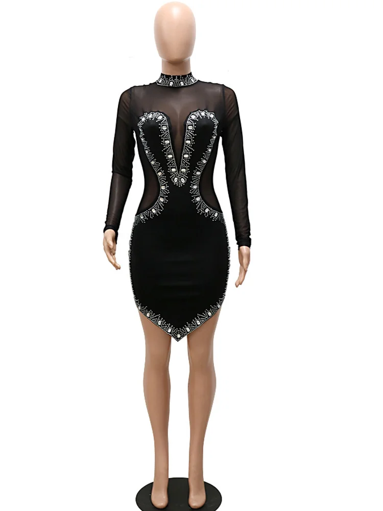 Beyprern New Chic Sheer Mesh Black Crystal Mini Dress Glam See-Through Sequins Short Party Dress Birthday Outfits Sexy Clubwear