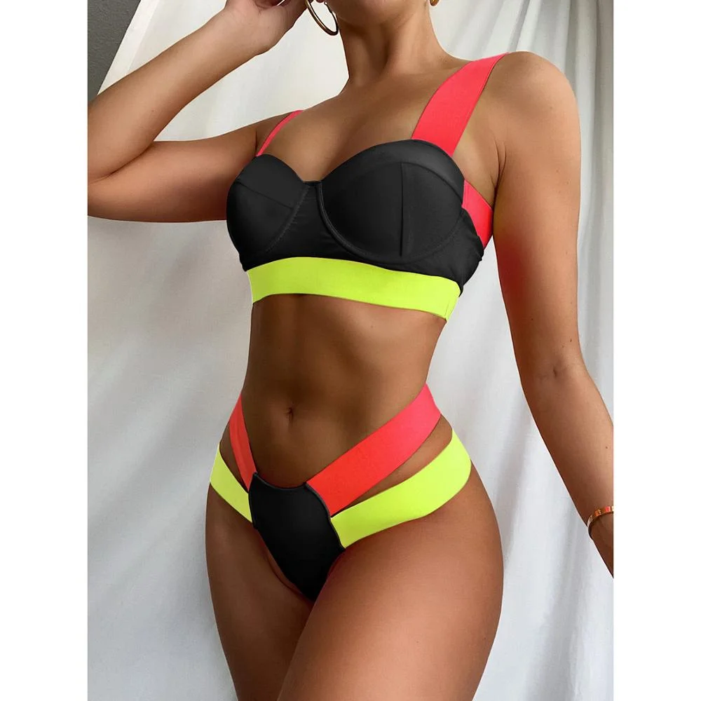 Sexy High Waist Bikini Women Swimsuit 2022 New Arrival Swimwear Hollow Out Print Striped Bathing Suit Beachwear Biquini Female