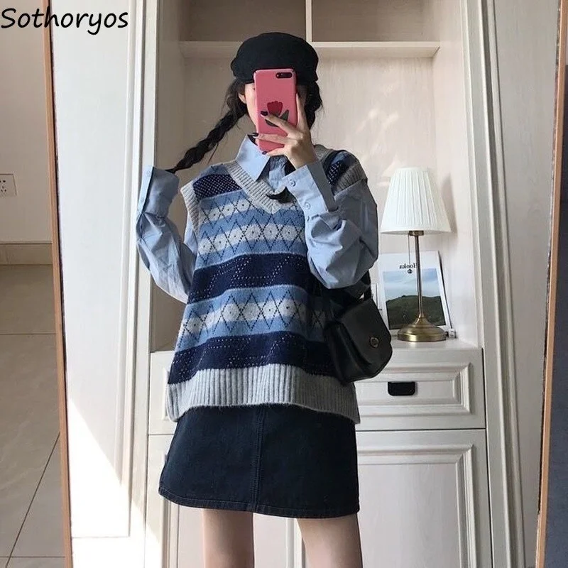 Women Sweater Vest Patchwork Blue Sweet Preppy Style Fresh Ulzzang All Match Retro Students Outwear Pullover Fashion Chic Tops