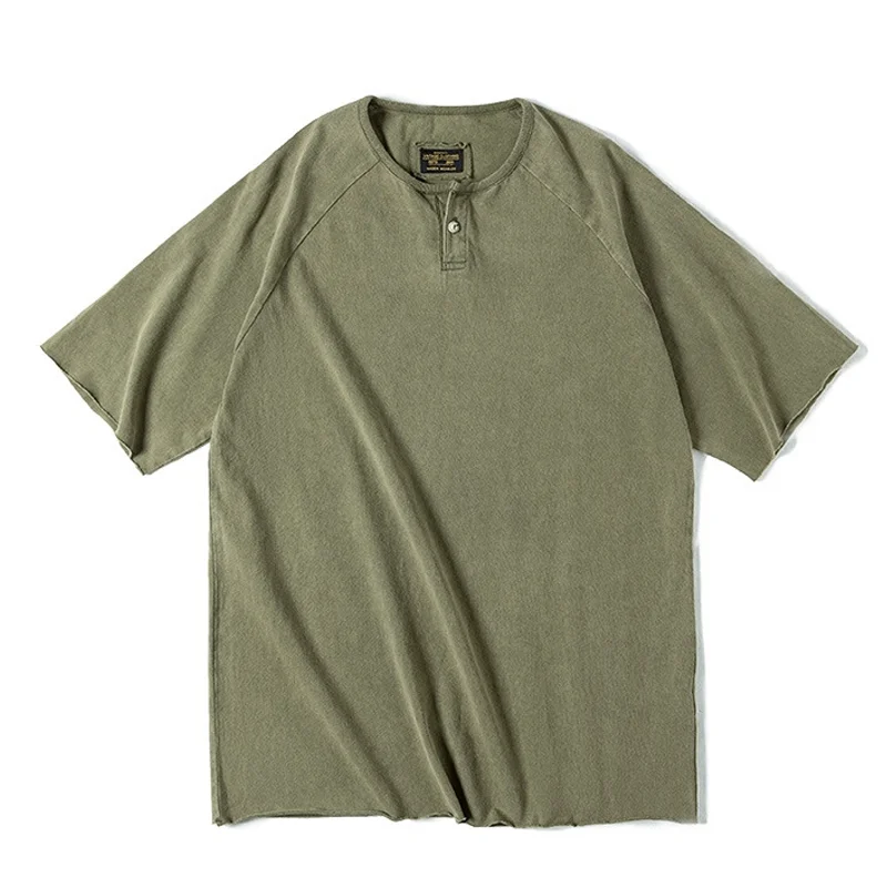 Vintage Distressed Henley Collar Short Sleeve Heavyweight T-Shirt