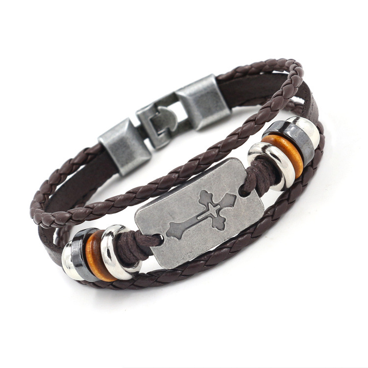 Cross Beaded Leather Bracelet