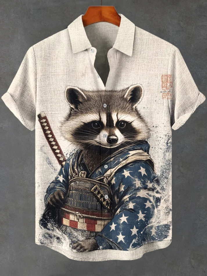 Men's Independence Day Raccoon Samurai Print Short Sleeve Shirt