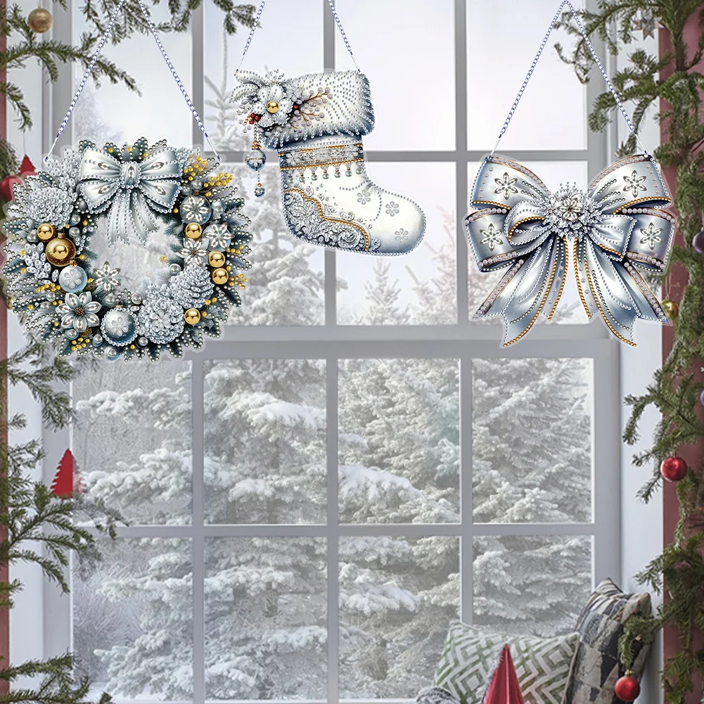 3Pcs Acrylic Winter Christmas 5D DIY Diamond Painting Dot Pendant for Wall Decor