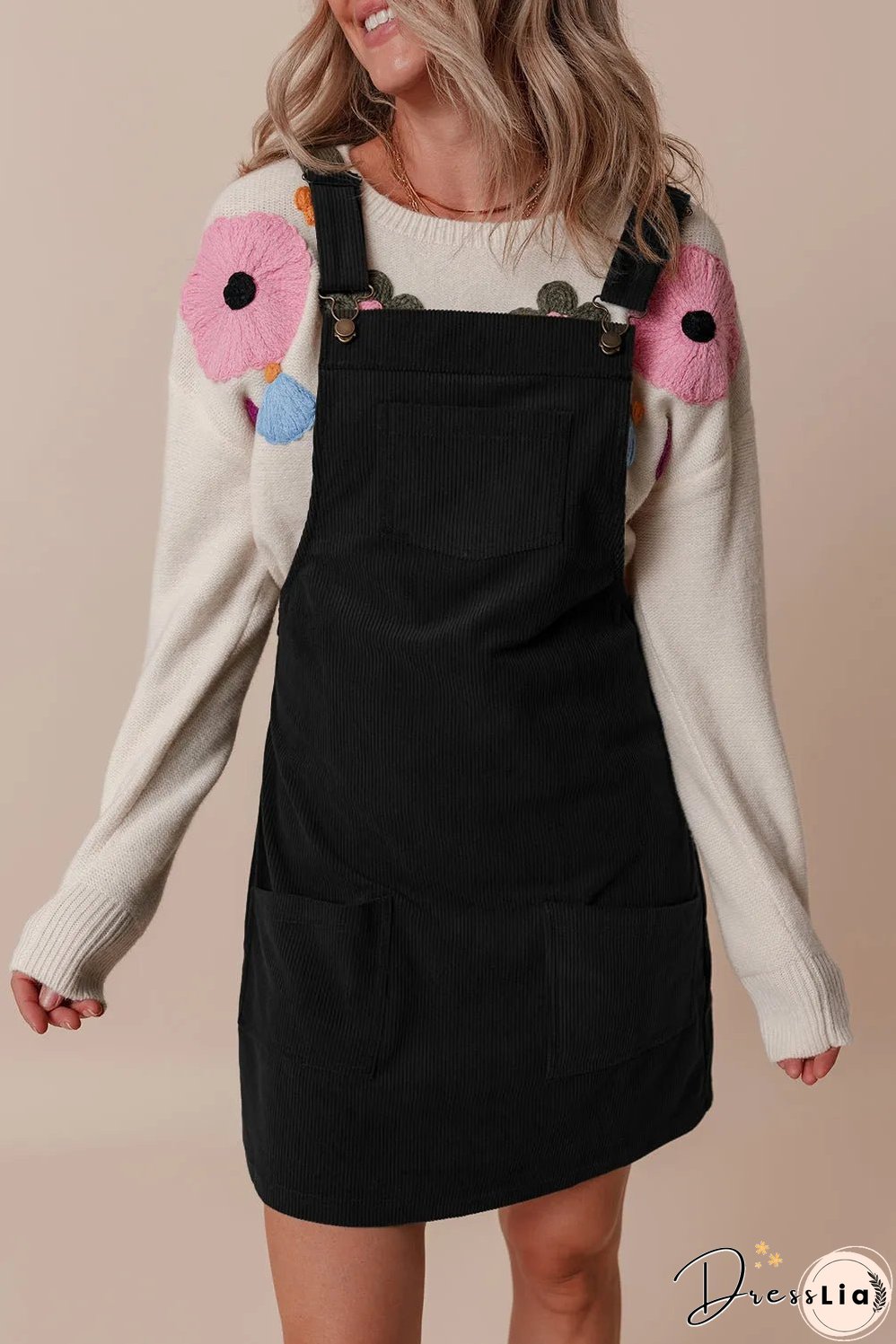 Black Solid Front Pockets Sleeveless Corduroy Overall Dress