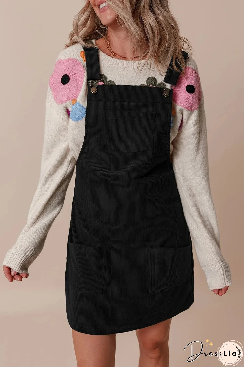 Black Solid Front Pockets Sleeveless Corduroy Overall Dress