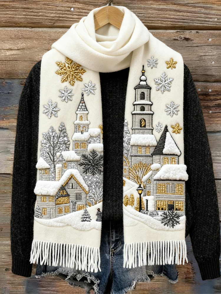 Comstylish Christmas Snow Scene Embroidered Art Women's Knit Scarf