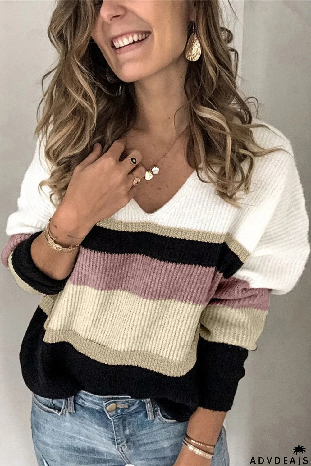 Khaki Colorblock V Neck Ribbed Knitted Sweater