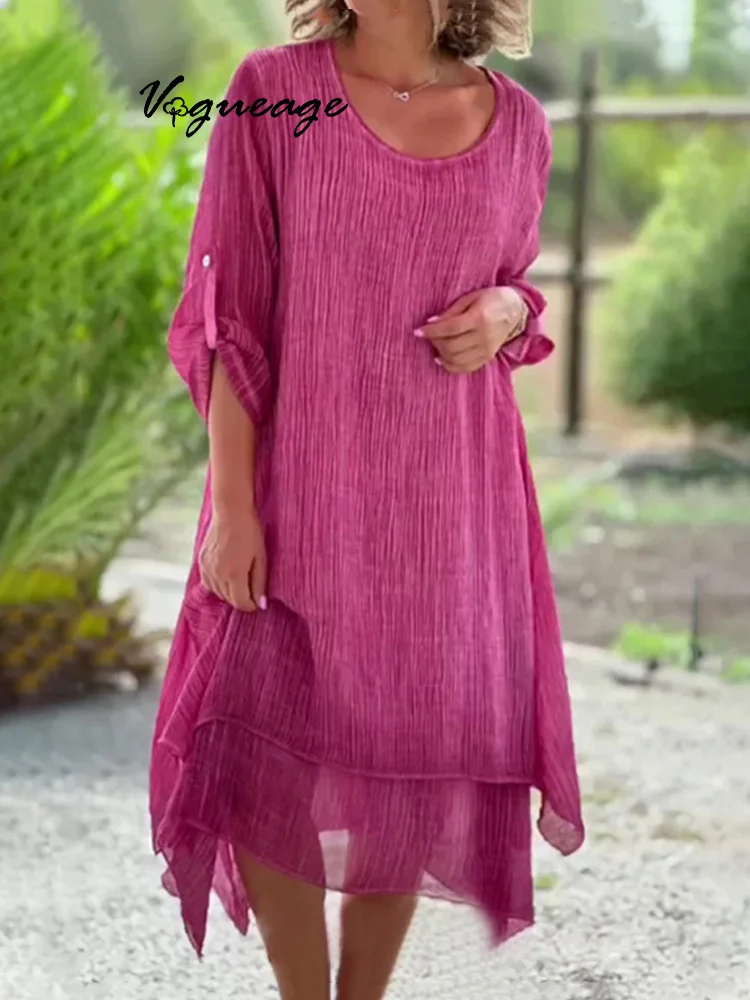 Fashion Casual Round Neck Long Sleeve Double Layer Elegant Solid Color Dress