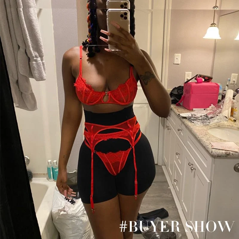 Ellolace Lace Lingerie See Through Short Skin Care Kits Transparent Underwear Set Underwire Bralette and Thong Red Brief Sets