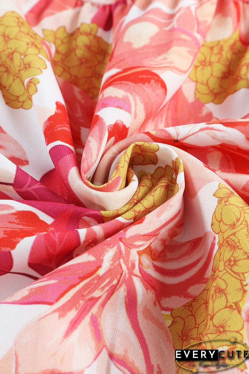 Orange Floral Print Shirred Ruffled Sleeveless Plus Size Dress