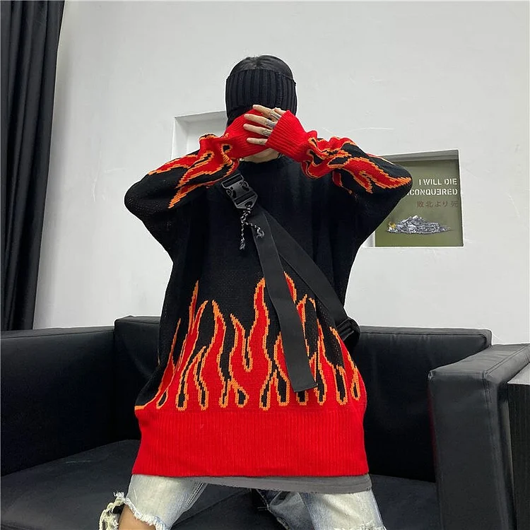 Hip-hop Loose O-neck Flame Jacquard Long Sleeve Knitted Sweater