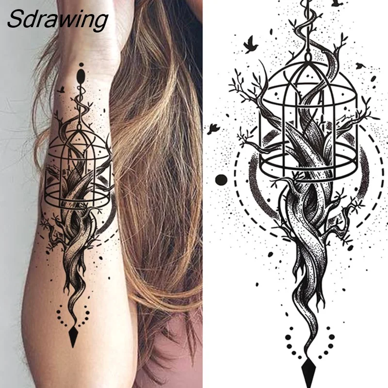 Sdrawing Tiger Temporary Tattoos For Men Women Kids Lion Skull Cross Tattoo Sticker Black Compass Skeleton Tatoos Leg Thigh 328-1