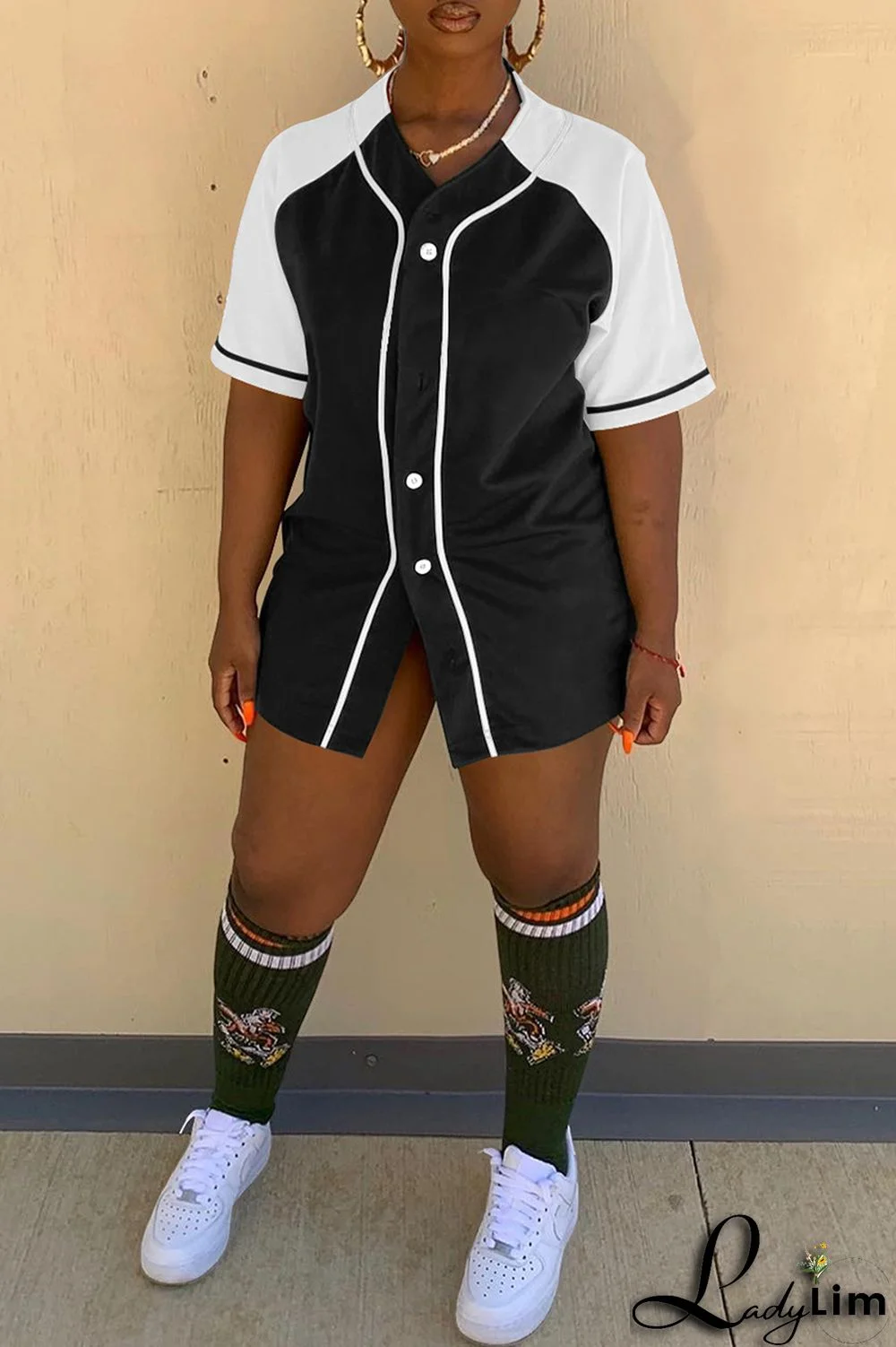 Black Fashion Casual Solid Split Joint V Neck Tops