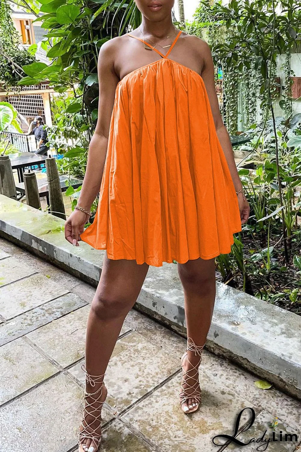 Black Sexy Solid Patchwork Halter Dresses