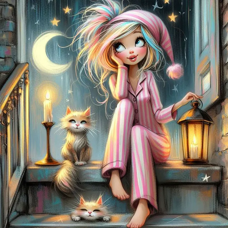 Moon Cat Girl 40*40CM (Canvas) Full Round Drill Diamond Painting gbfke