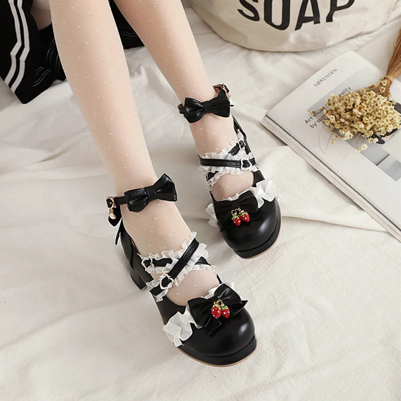 Lolita Bow Black/Beige/Pink Leather Shoes SP17709