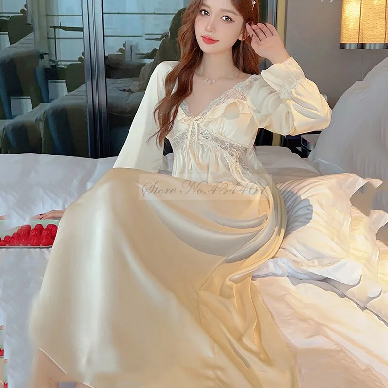 New Palace Style Princess Nightdress Female Long Nightgown Sleepwear Retro French Bathrobe Sweet Lace Ruffle Home Dress Lingerie