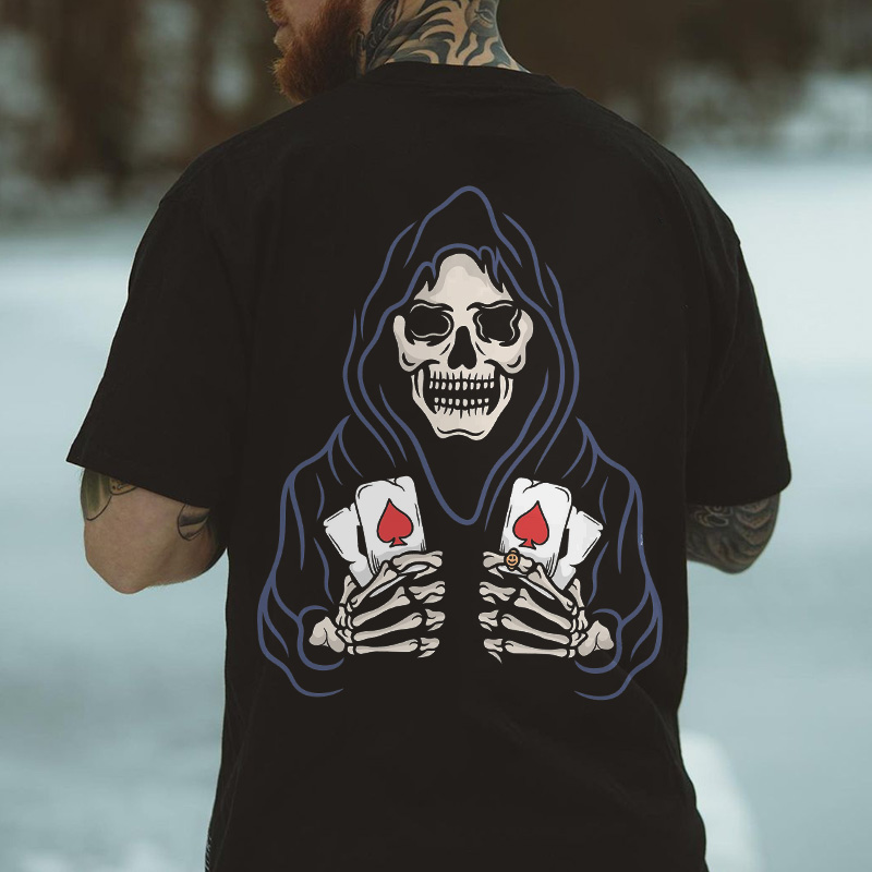 Grim Reaper Holding Poker Cards Printed Men's T-shirt