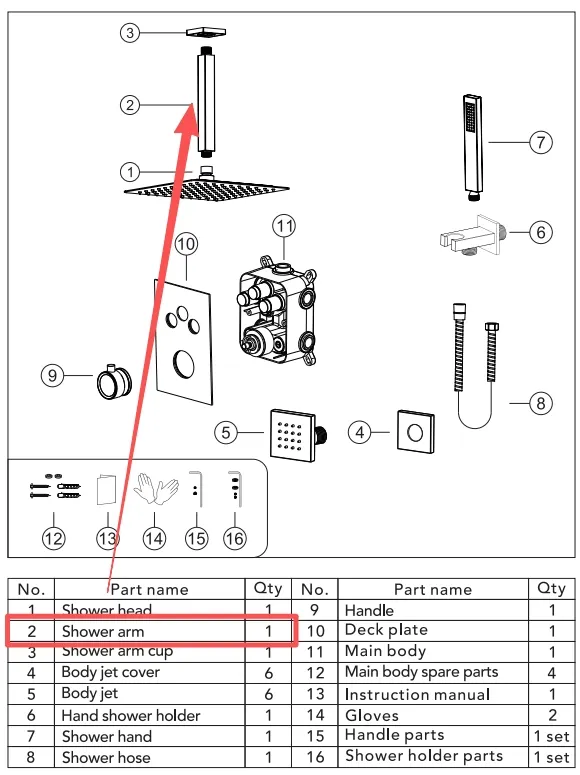 Accessory:  the shower arm of SFS1006-BK12, #2, 1Pc