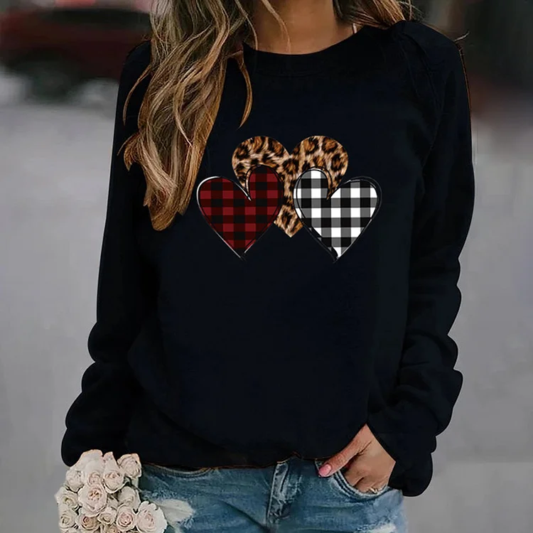 Casual Check Heart Print Sweatshirt