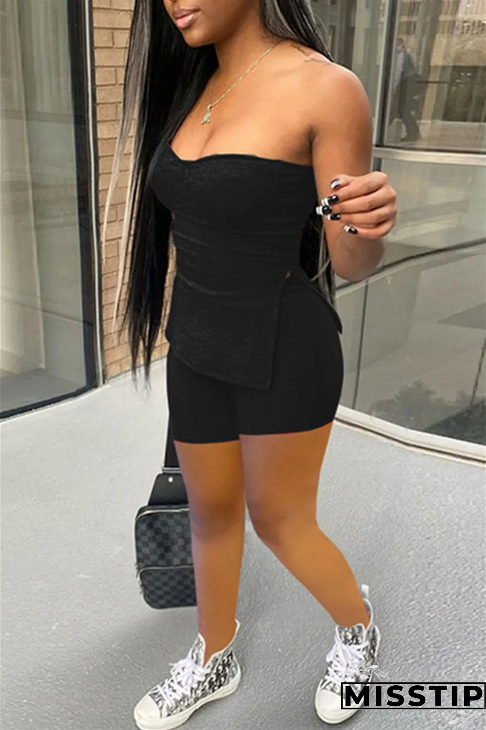Coral Powder Sexy Casual Solid Backless Slit Strapless Sleeveless Two Pieces