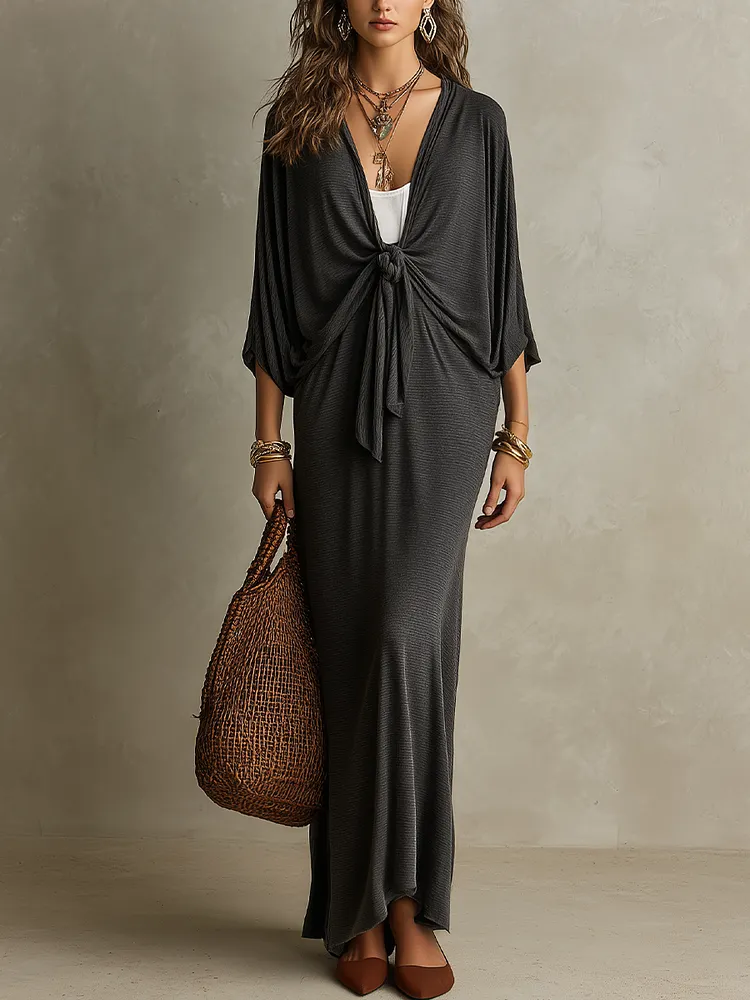 Effortless Charcoal Front-Tie Maxi Dress