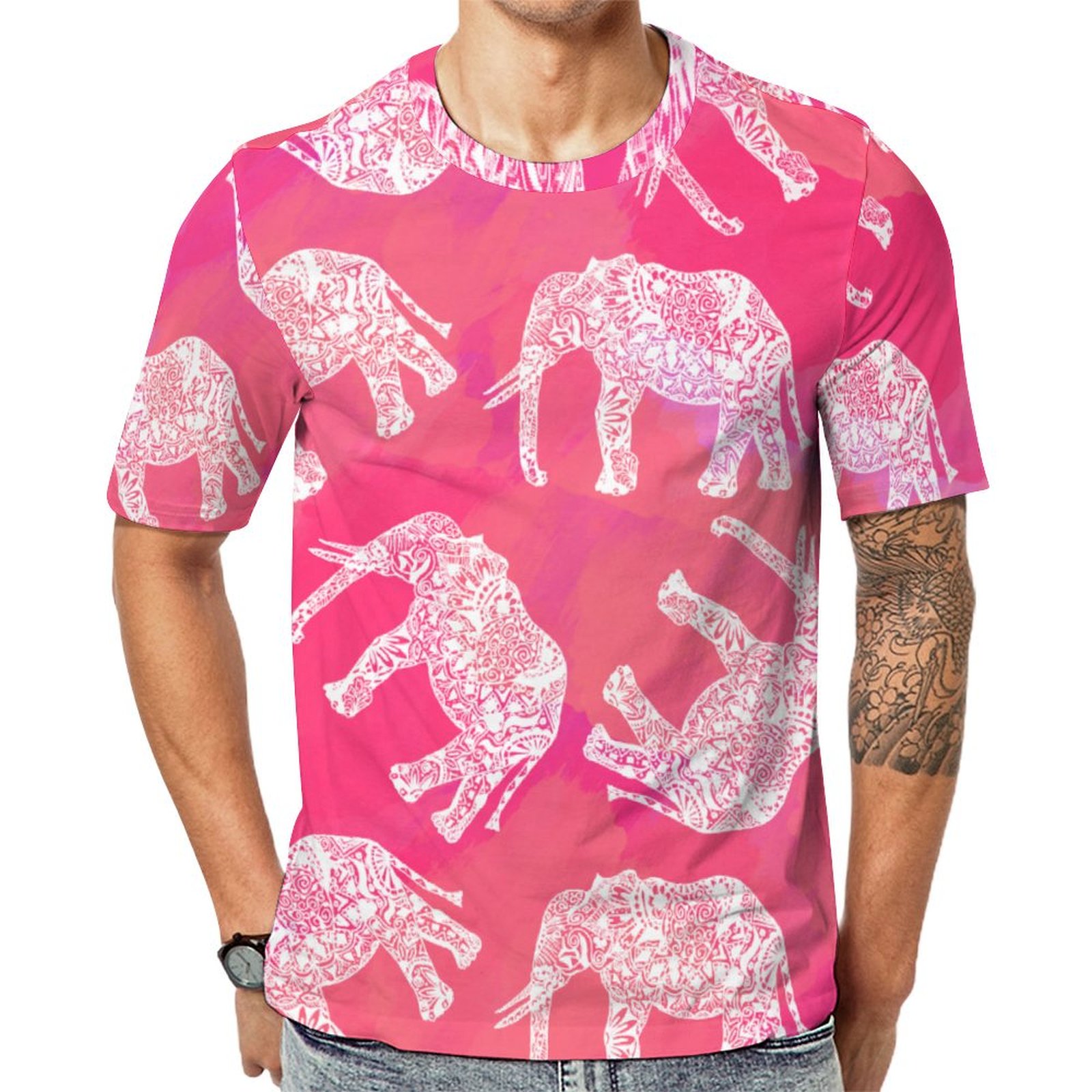 White Pink Colorful Tribal Floral Elephant Short Sleeve Print Unisex Tshirt Summer Casual Tees for Men and Women Coolcoshirts