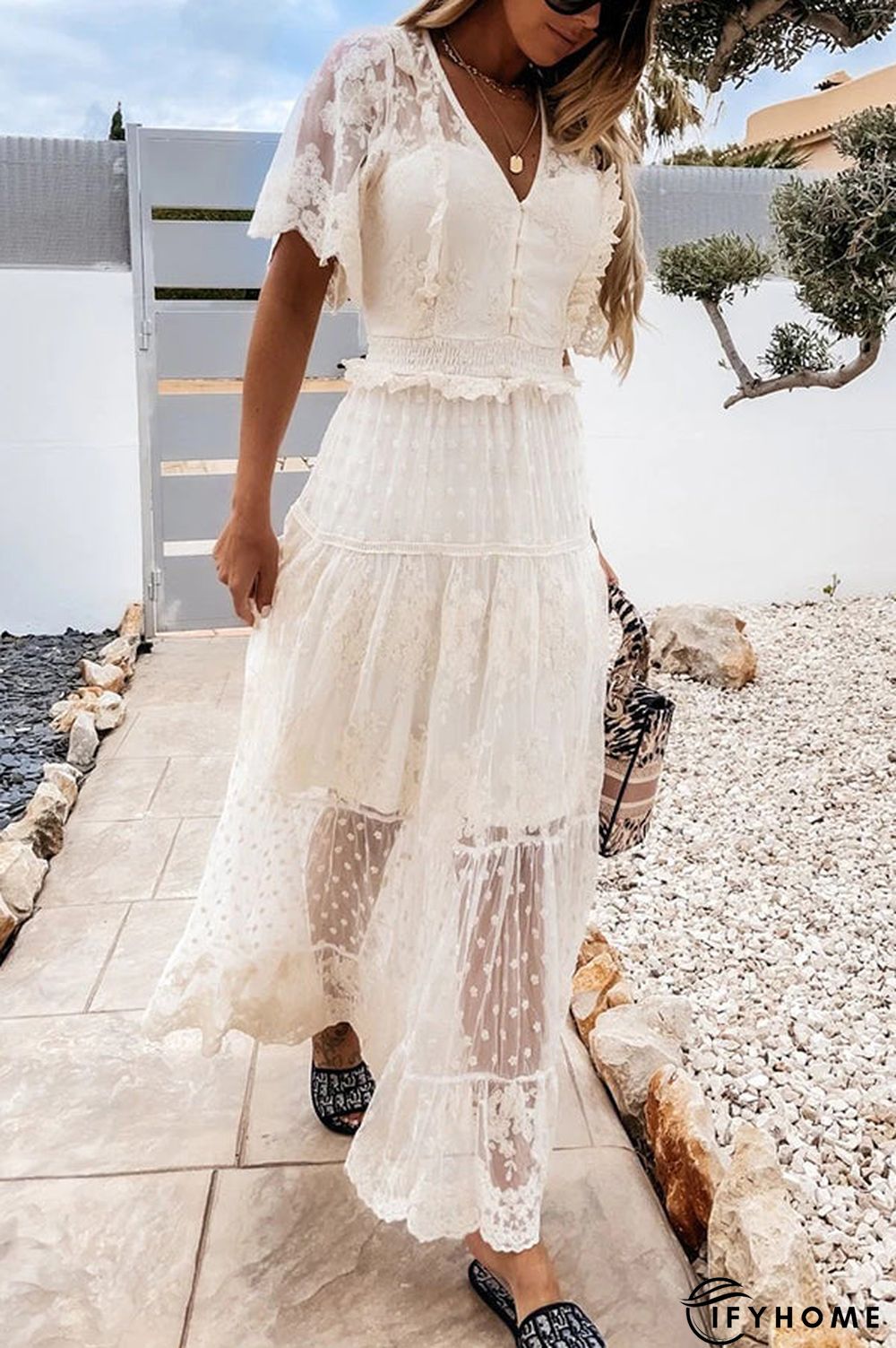 Button Lace V Neck Short Sleeve Maxi Dress | IFYHOME