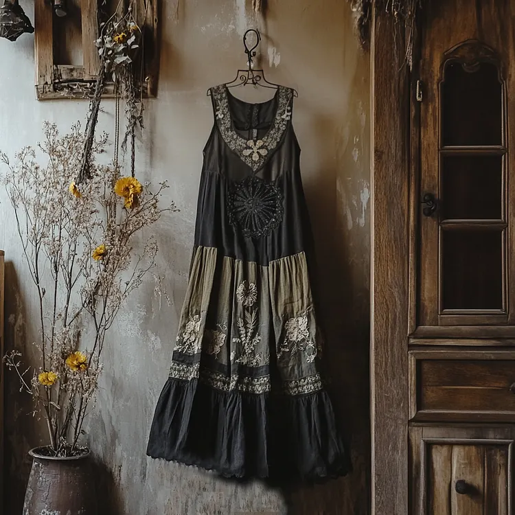 Boho Gradient Floral Embroidered Pattern Lace Patchwork Art Linen Dress