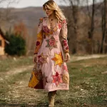 Women's Vintage Geometric Rose Patch Design V-neck Dress - Image 2