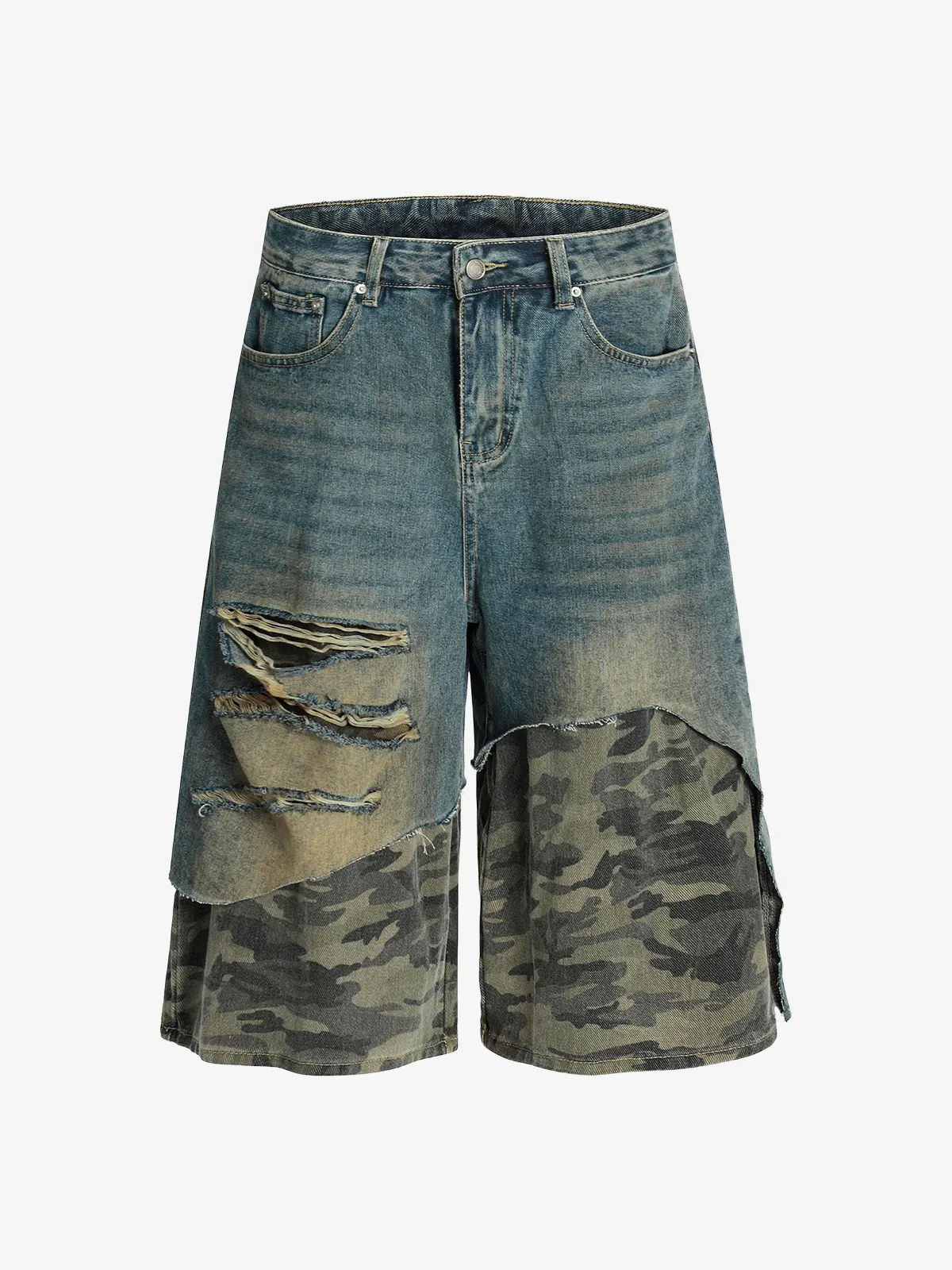 Blue Act Chic Washed Camouflage Patchwork Longline Jorts Front