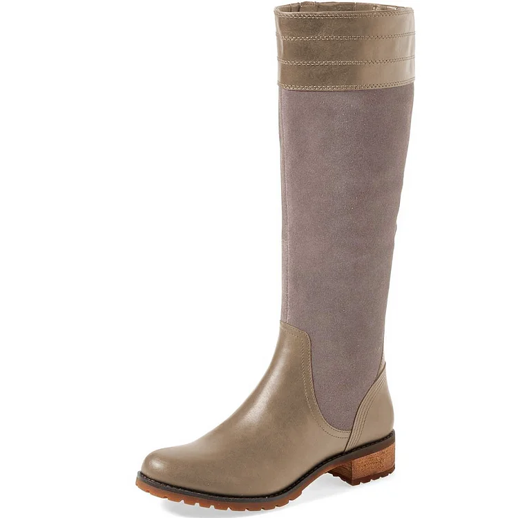 Grey Riding Boots Side Zipper Round Toe Low Heel Knee Boots |FSJ Shoes