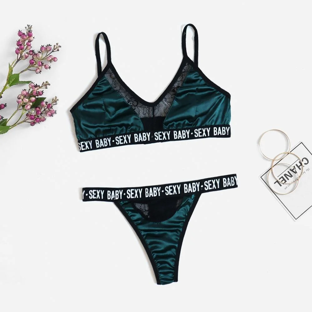 bra and panty set women's lingerie underwear set letters solid color patchwork sexy lingerie underwear thong set 1108