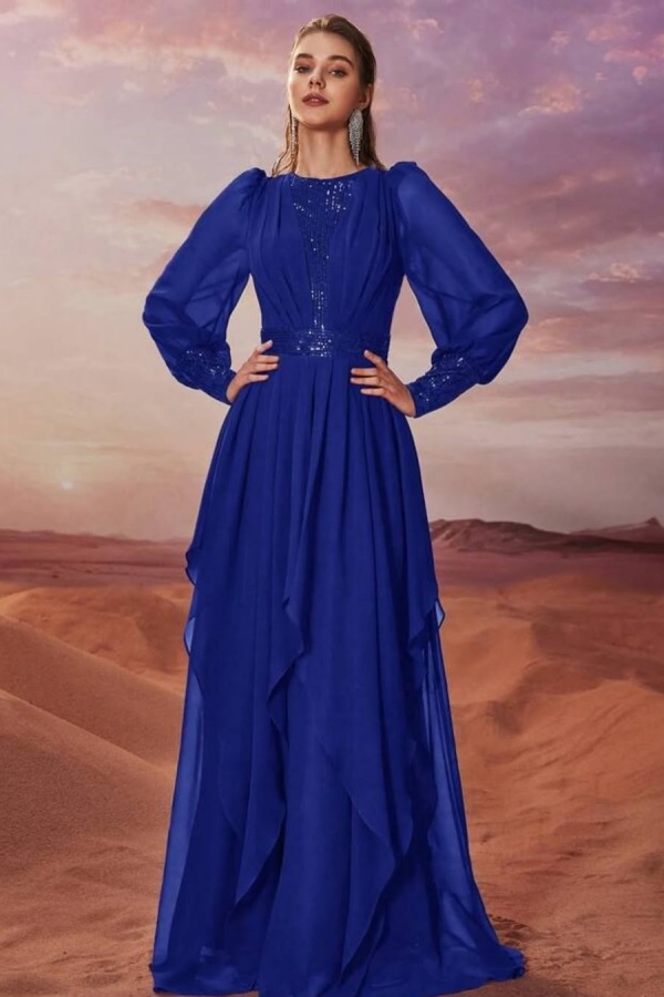 Sequins Long Sleeves Royal Blue Chiffon Evening Dress | ZT0350