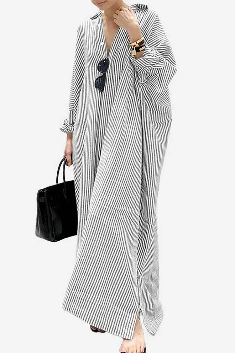 Striped Button Up Long Sleeve Casual Linen Maxi Shirt Dress
