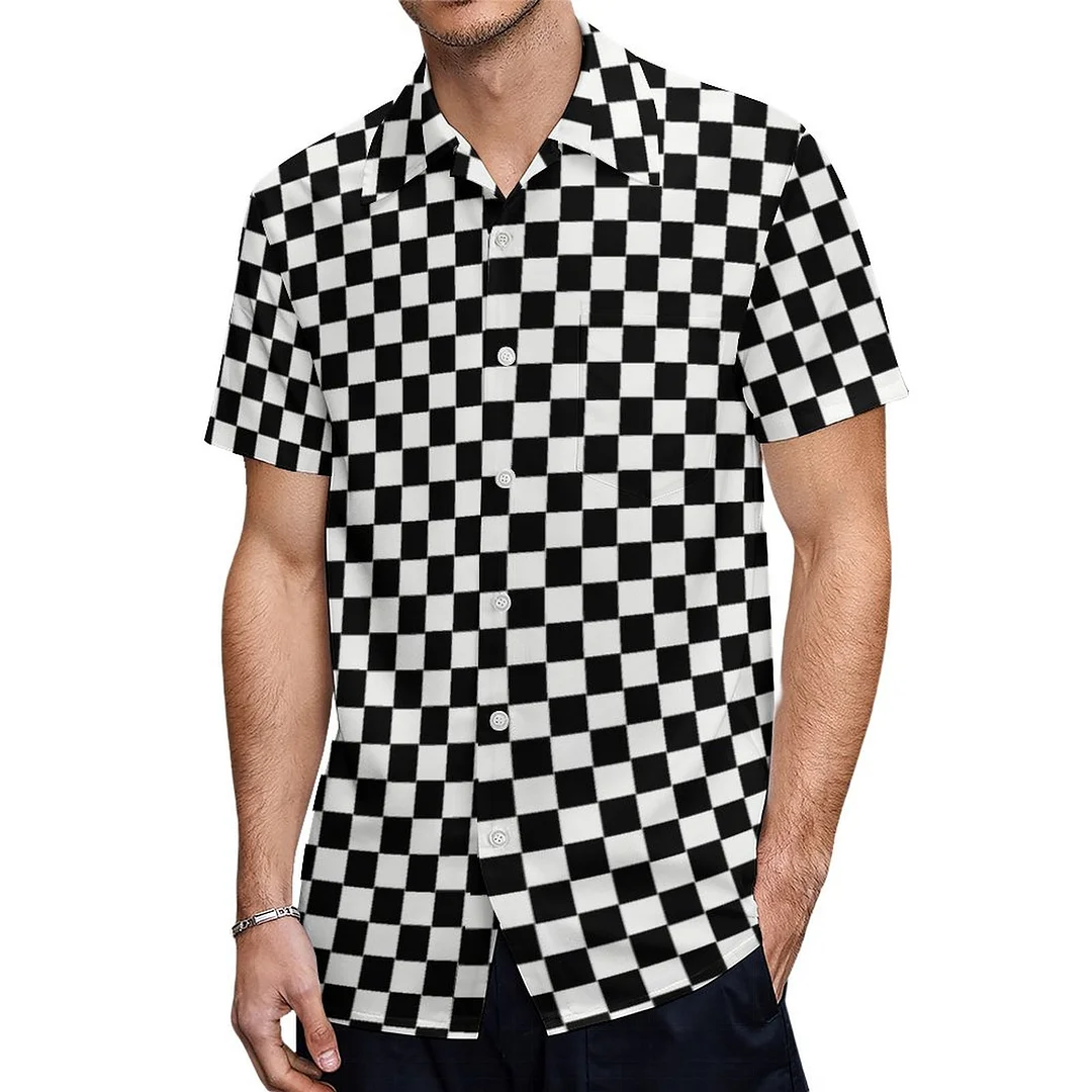 Modern Black White Checkered Racing Flag Pattern Hawaiian Shirt Mens Button Down Tropical Hawaii Beach Shirts